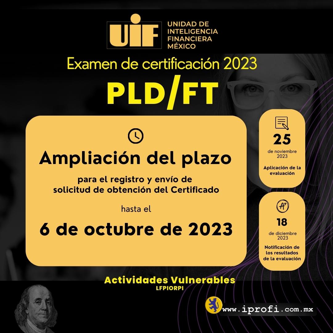Aviso de ampliación de plazo para el registro en el proceso de obtención del Certificado en Materia de Operaciones con Recursos de Procedencia Ilícita: La UIF informa que se amplía, hasta el 6 de octubre de 2023, el plazo para el registro y envío de solicitudes para participar en la Convocatoria para la Certificación en Materia de Operaciones con Recursos de Procedencia Ilícita, dirigida a las personas físicas que realizan Actividades Vulnerables y a las responsables encargadas del cumplimiento de las obligaciones establecidas en la Ley Federal para la Prevención e Identificación de Operaciones con Recursos de Procedencia Ilícita, 2023.